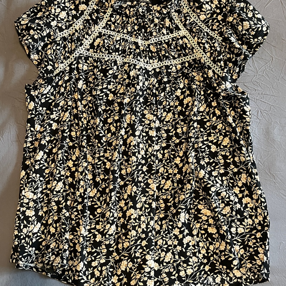 Black Floral Blouse with Cream Accents